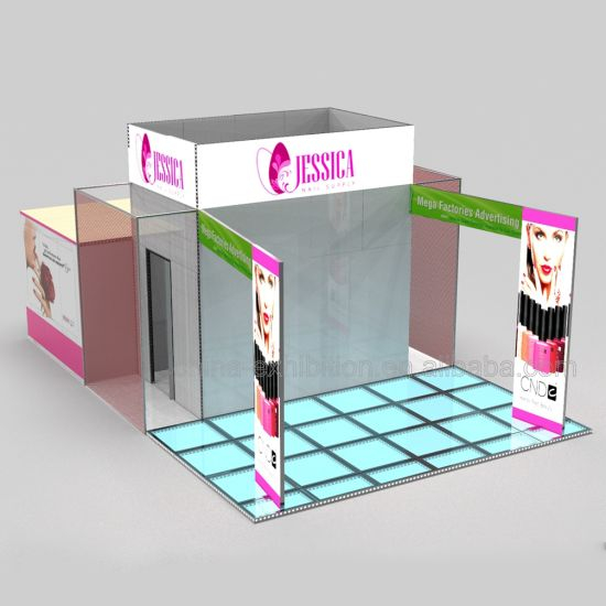 Portable 20 by 20 Simple Exhibition Booth Design Contain Graphics Printing, Lights, Glass Floor