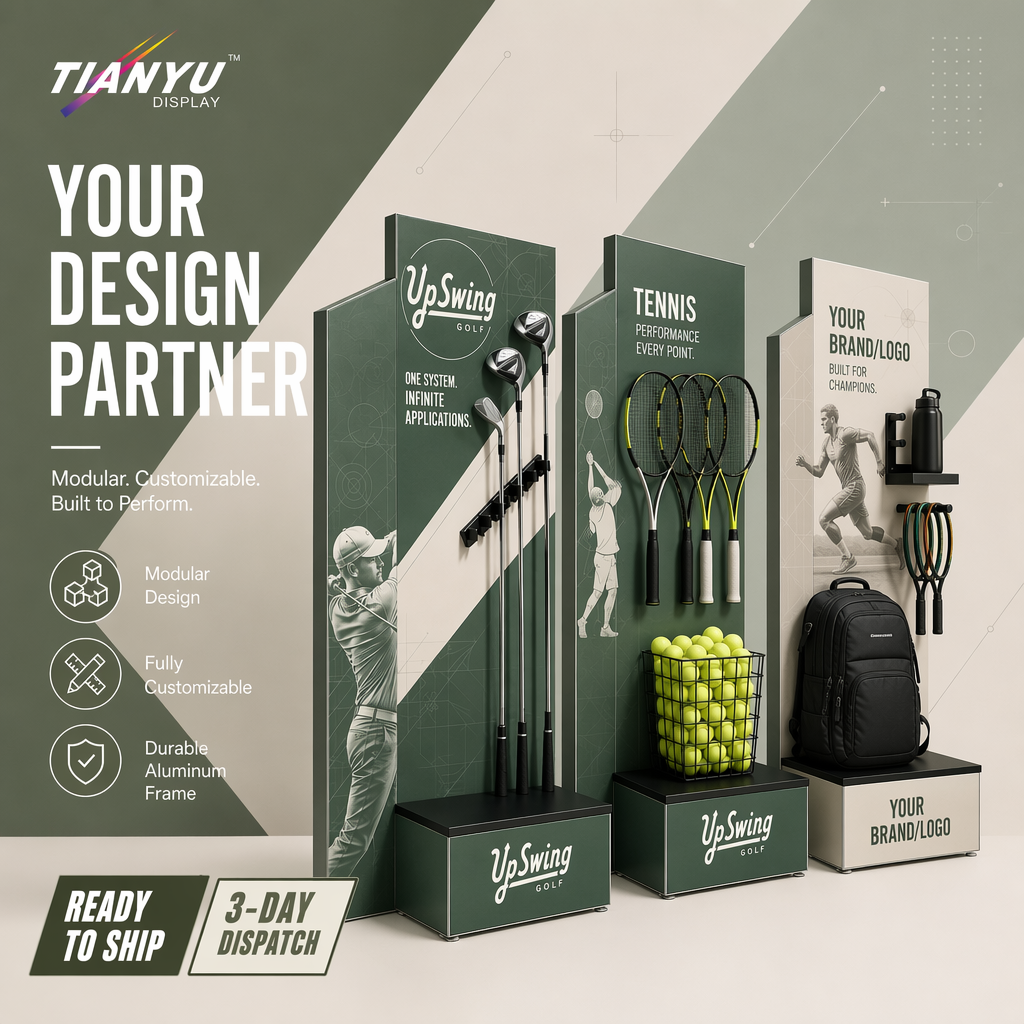 Modular Golf Club Display Rack Professional Sports Equipment Display Stand With Perforated Aluminum Frame for Retail Shop Store