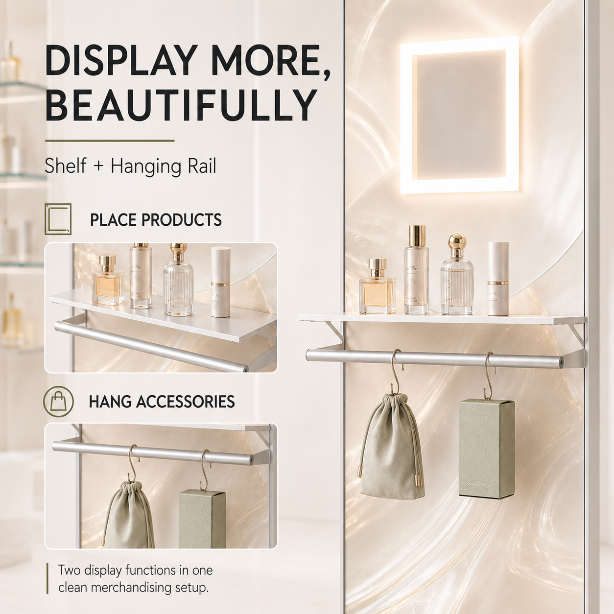 Easy Assembly Floor Display Stand With Square Glowing Frame Portable Metal Pegboard Shelf Rack for Modern Retail Stores