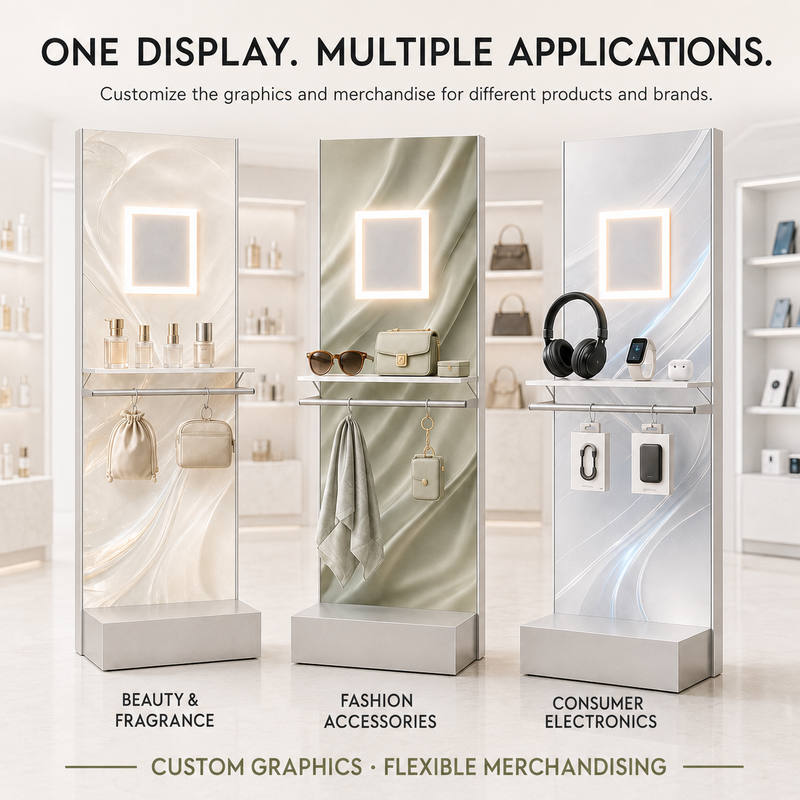Easy Assembly Floor Display Stand With Square Glowing Frame Portable Metal Pegboard Shelf Rack for Modern Retail Stores