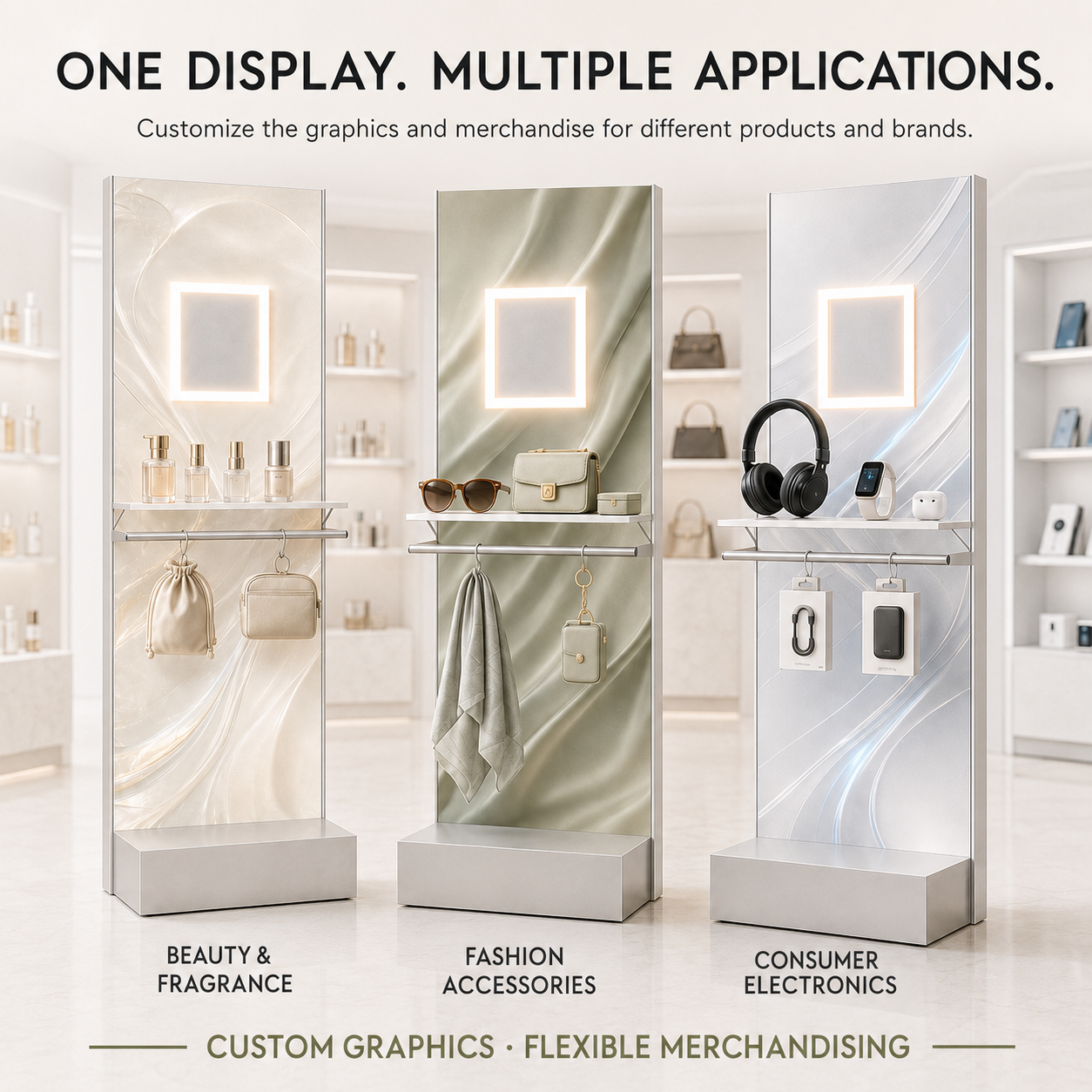 Easy Assembly Floor Display Stand With Square Glowing Frame Portable Metal Pegboard Shelf Rack for Modern Retail Stores