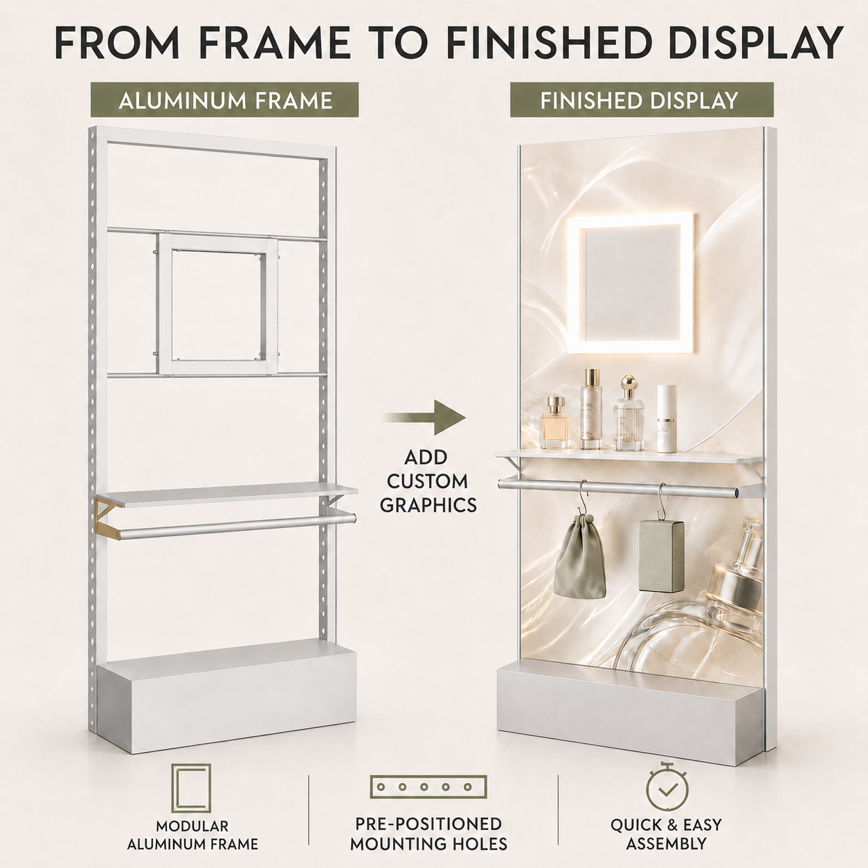 Easy Assembly Floor Display Stand With Square Glowing Frame Portable Metal Pegboard Shelf Rack for Modern Retail Stores