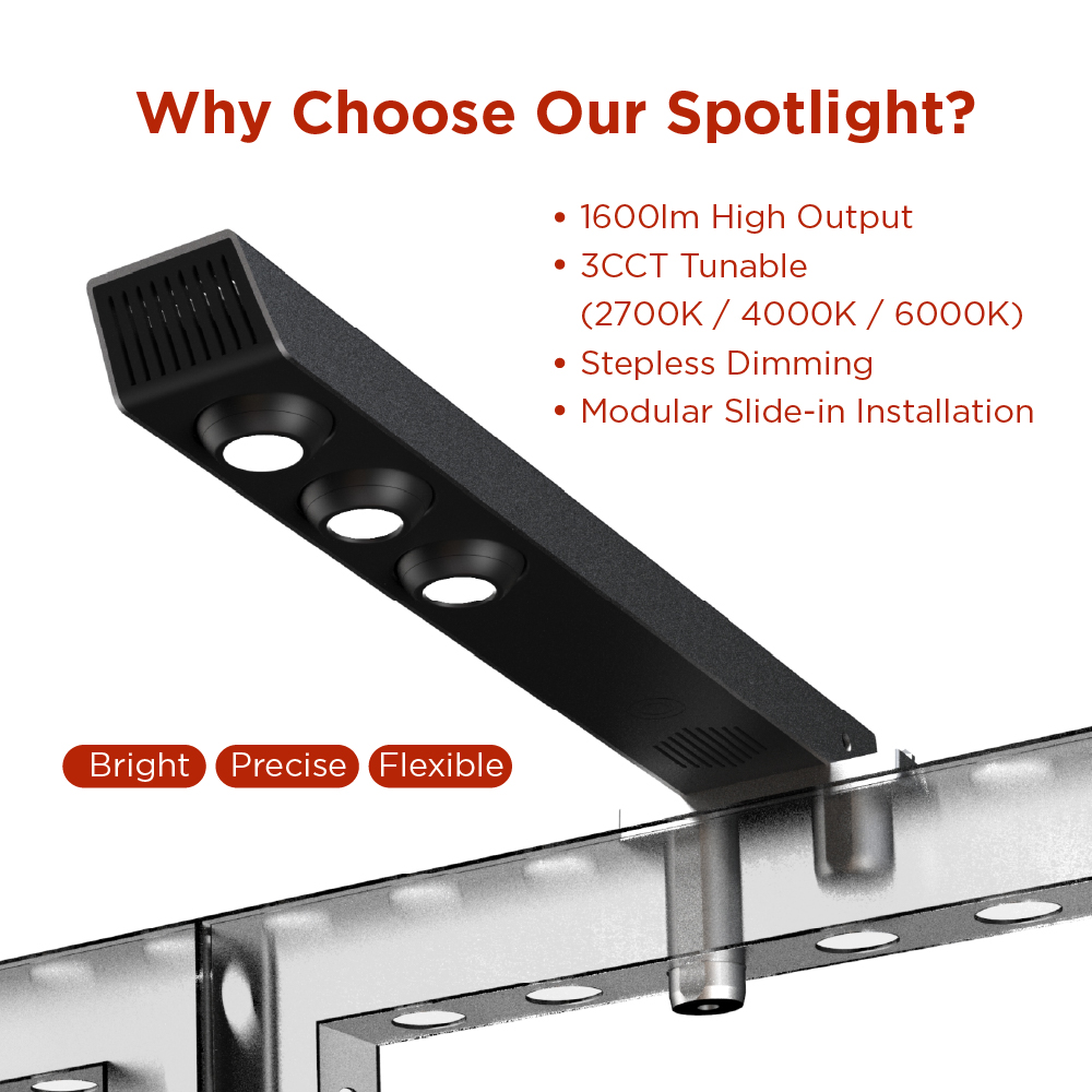Linkable Modular Spotlight, DC 24V, Slide-in Base Tool-free Installation, for Trade Show Booth