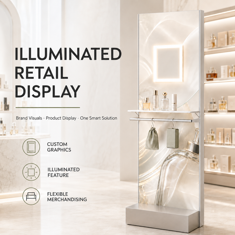 Easy Assembly Floor Display Stand With Square Glowing Frame Portable Metal Pegboard Shelf Rack for Modern Retail Stores