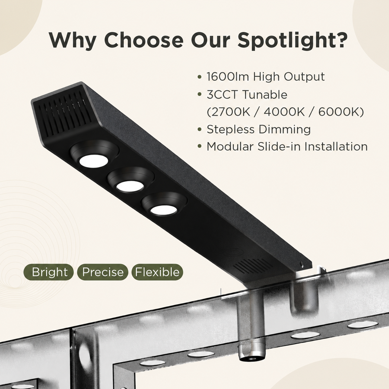 24W DC24V LED Spotlight, 1600lm High Output, 3CCT + Stepless Dimming, for Modular Booth and Showcase